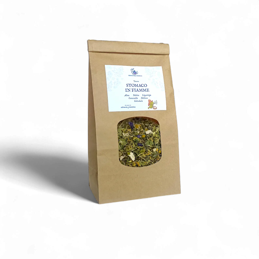 Tisana lenitiva naturale per gastrite, acidità e digestione delicata, con azione protettiva sulle mucose.