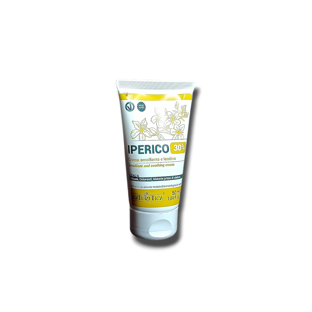 Pomata lenitiva e rigenerante con estratto di iperico al 30%, bisabololo e vitamina E per pelli irritate, arrossate o soggette a dermatiti.